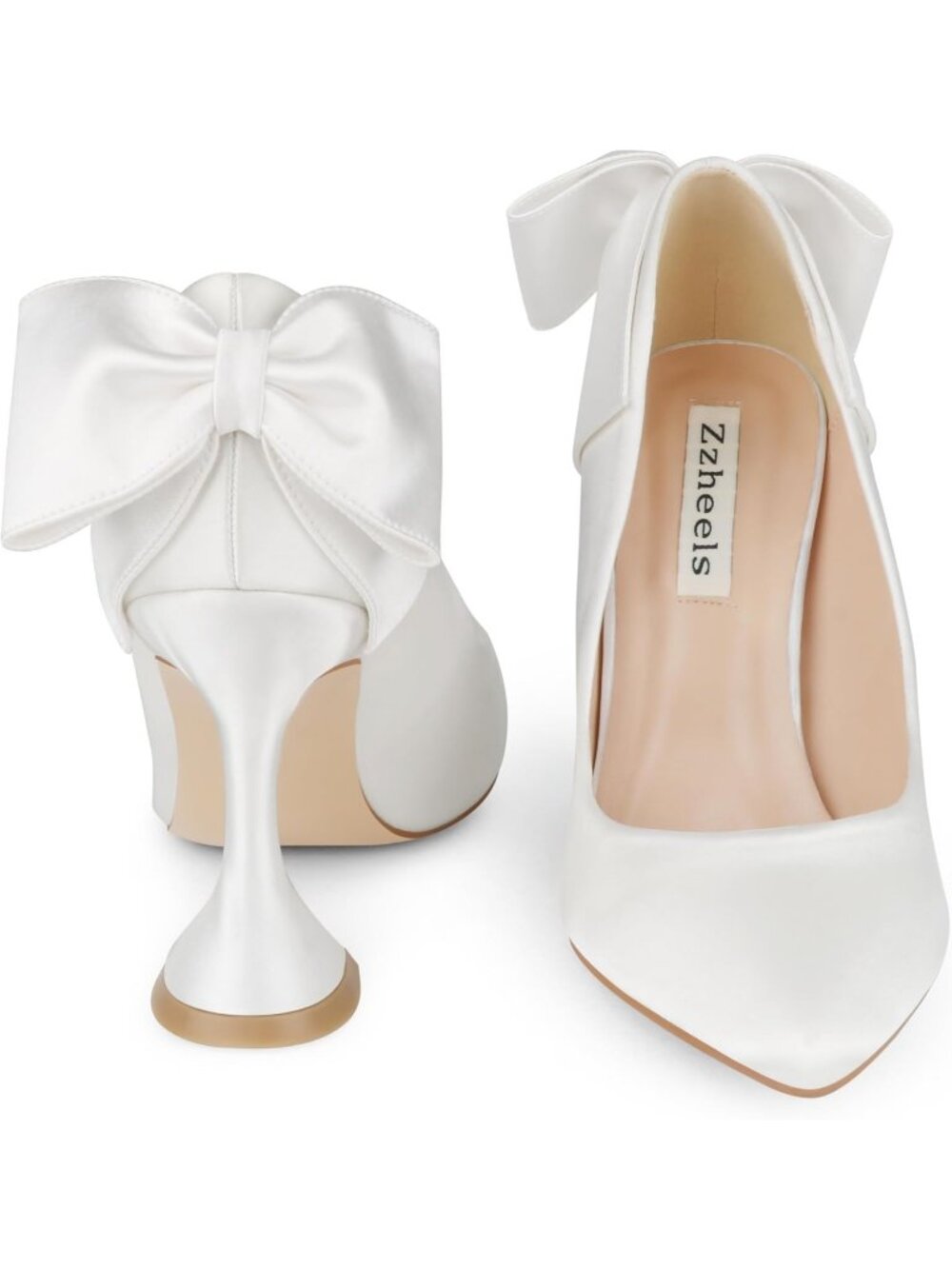 Women's White Bow(Silk) Flare Heels Pointed Closed Toe Chunky Pumps Party Shoes - Picture 5 of 6